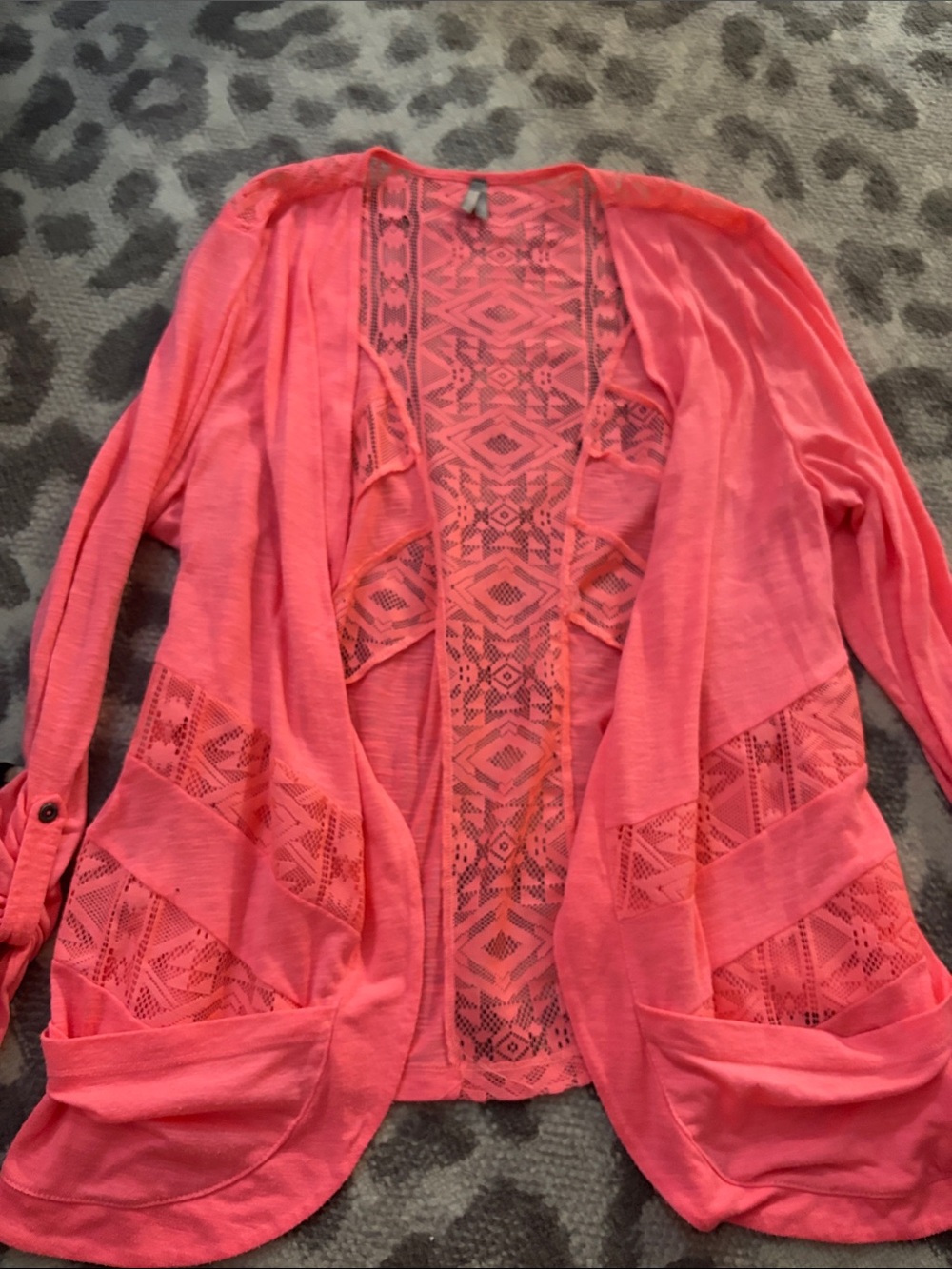 Vanity Coral Pink Open-Front Lace-Panel Cardigan